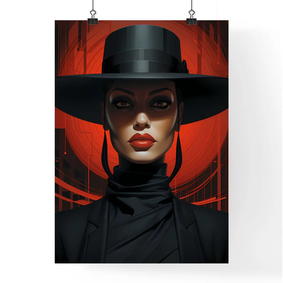 A Poster of a woman wearing a black and red  Poster
