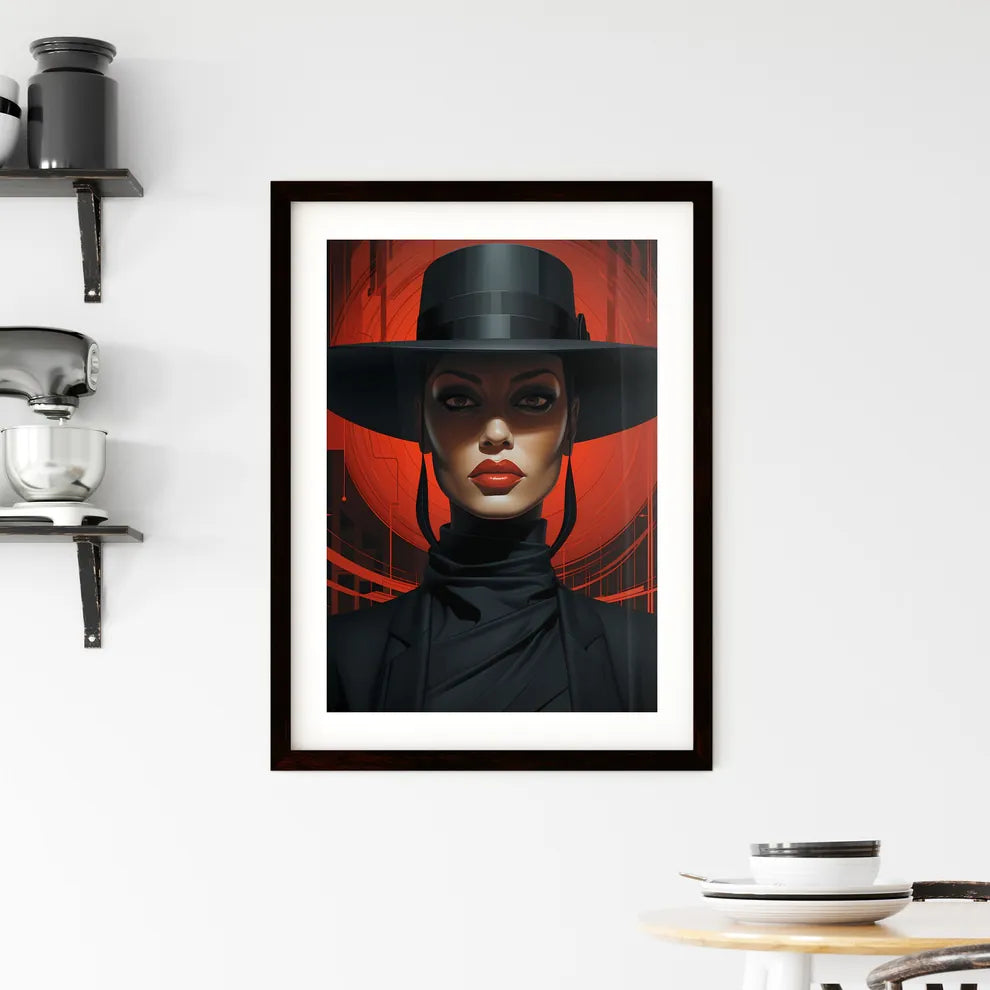A Poster of a woman wearing a black and red  Framed Print