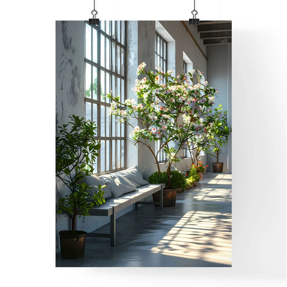 A Poster of Modern and simple ins style product photography background - A Long Room With A Bench And Potted Trees Poster