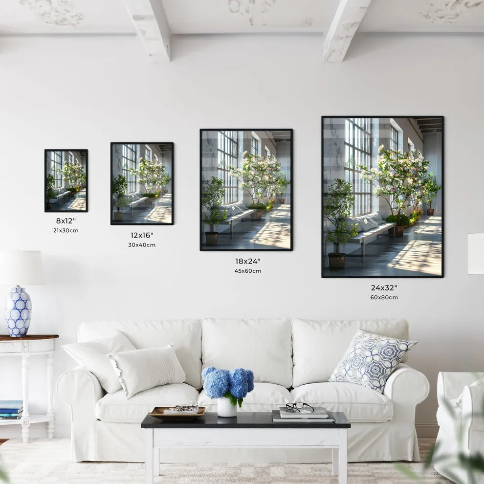 A Poster of Modern and simple ins style product photography background - A Long Room With A Bench And Potted Trees Size Chart