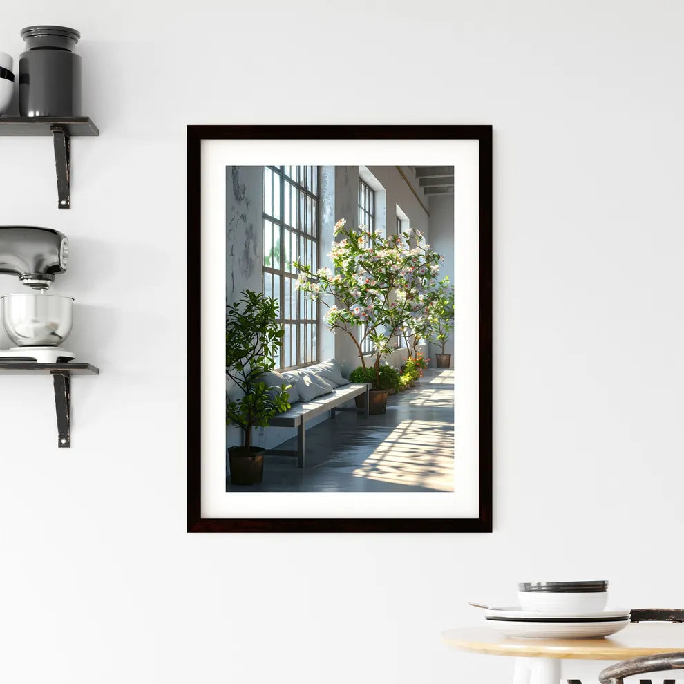 A Poster of Modern and simple ins style product photography background - A Long Room With A Bench And Potted Trees Custom Print