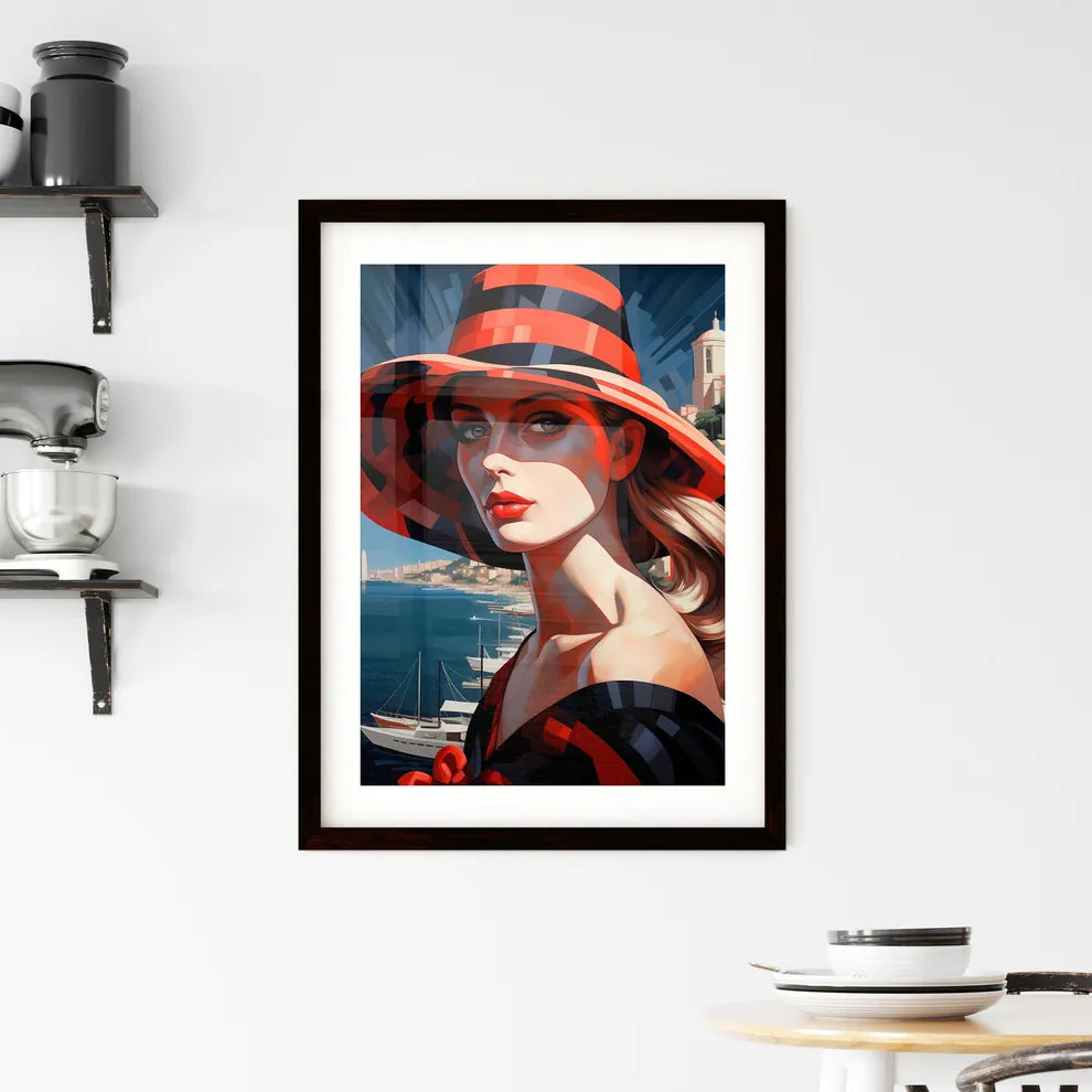 A Poster of a woman wearing a black and red  Framed Print