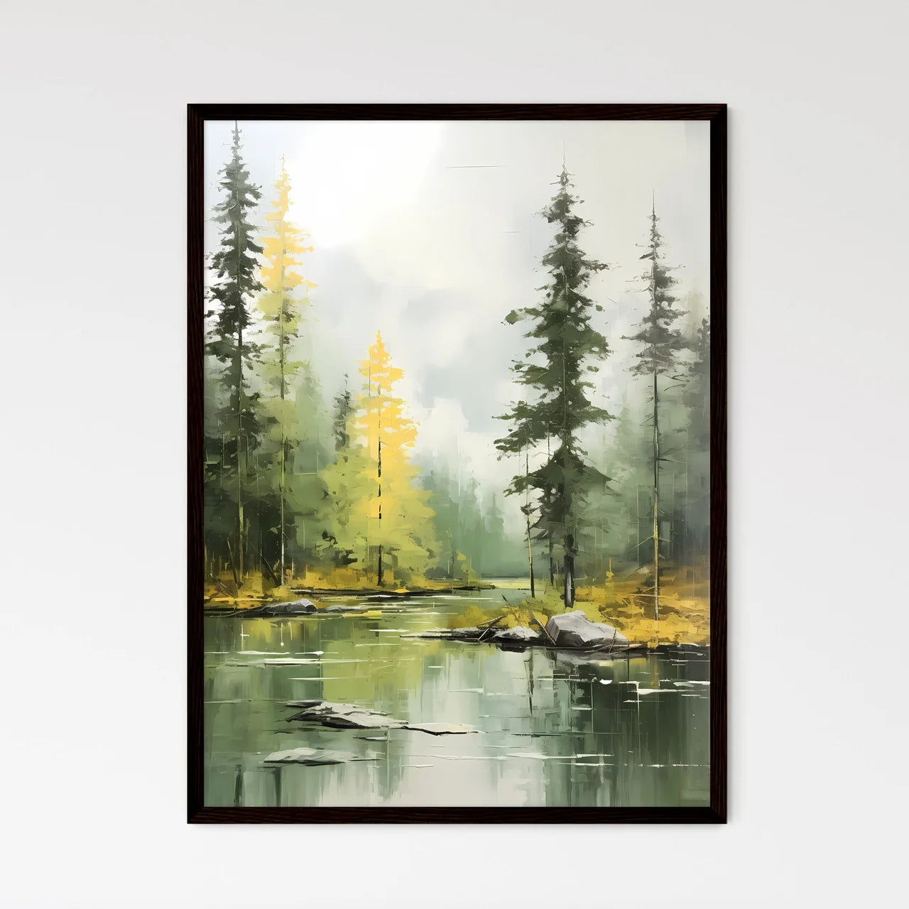 A Poster of green forest landscape oil - A R - Framed Art Print