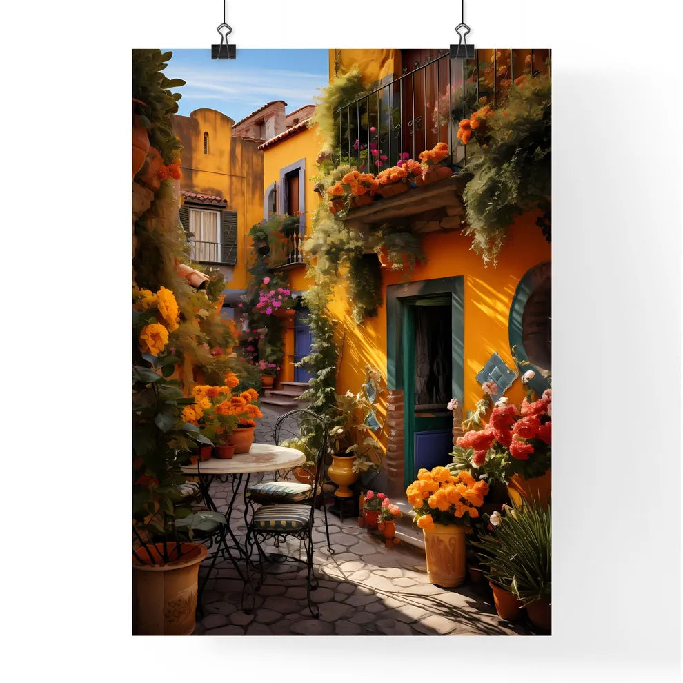 A Poster of San miguel vibrant color combinations - A Courtyard With Flowers And Plants Poster