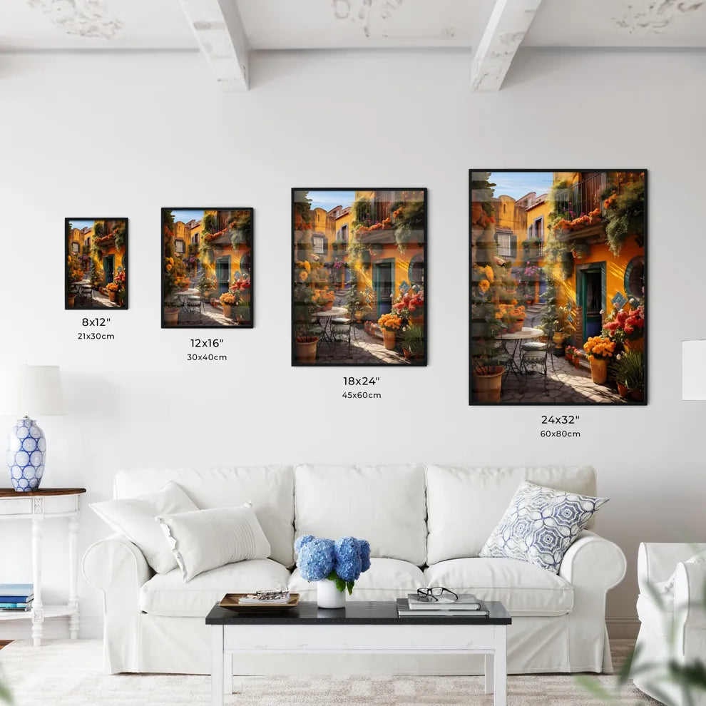 A Poster of San miguel vibrant color combinations - A Courtyard With Flowers And Plants Size Chart