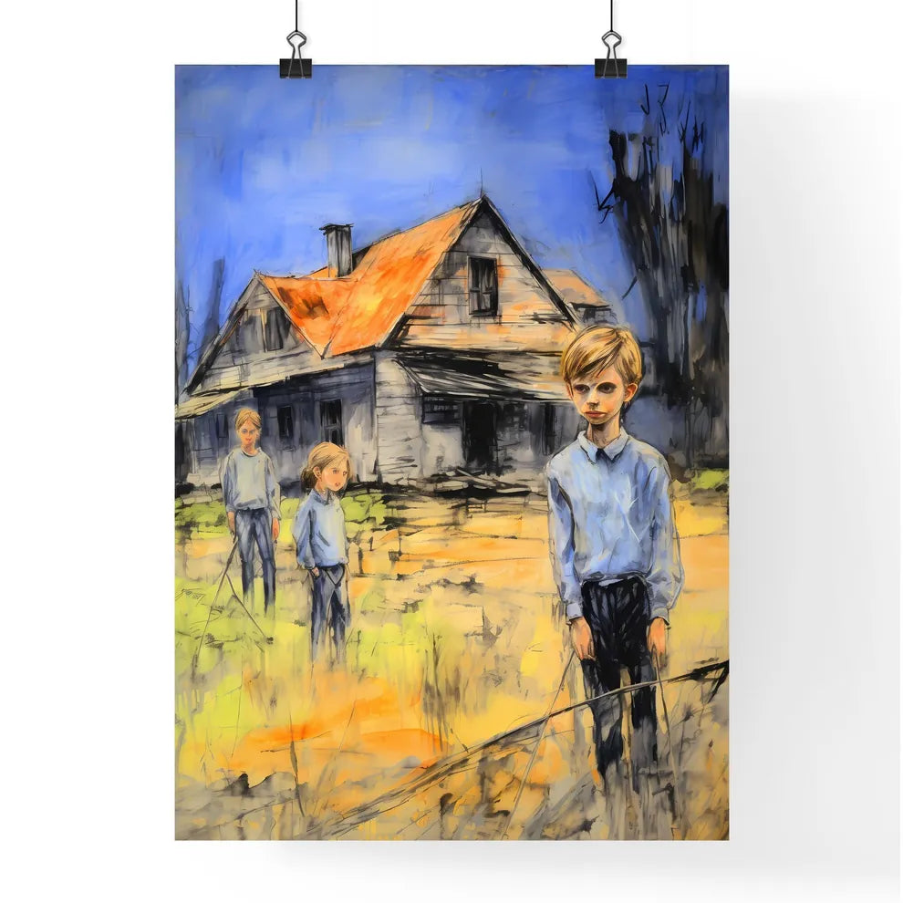 A Poster of In a country side cottage yard - A Painting Of A Group Of Children Standing In Front Of A House Poster