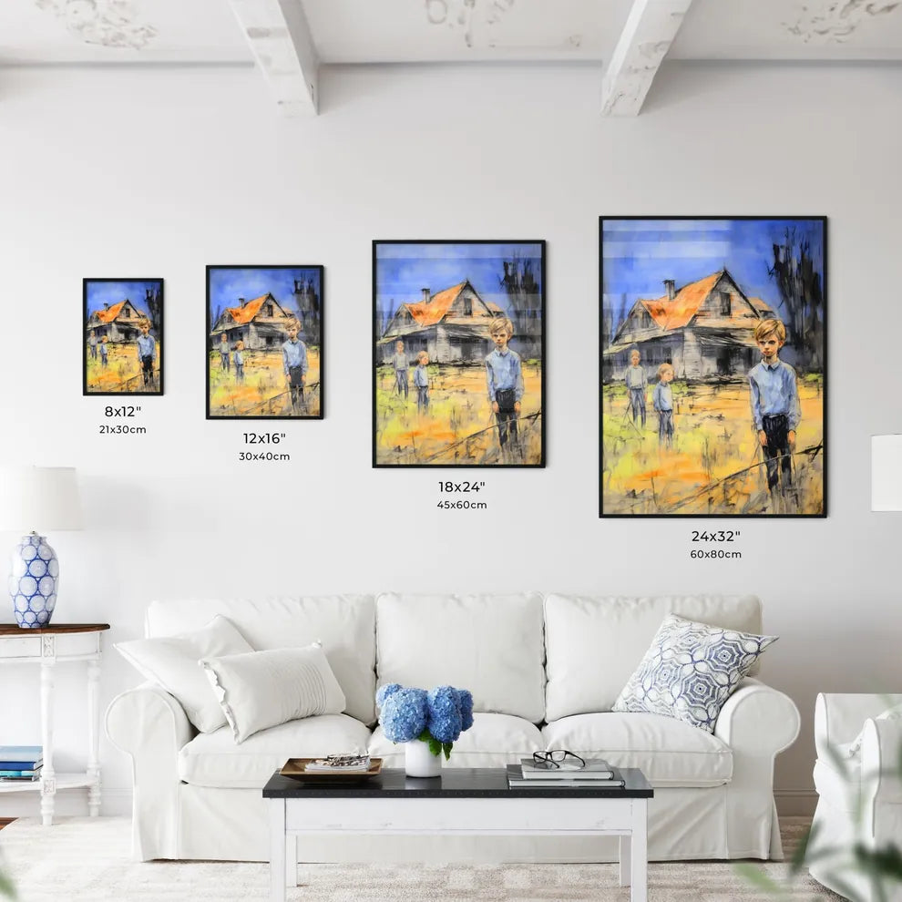 A Poster of In a country side cottage yard - A Painting Of A Group Of Children Standing In Front Of A House Size Chart