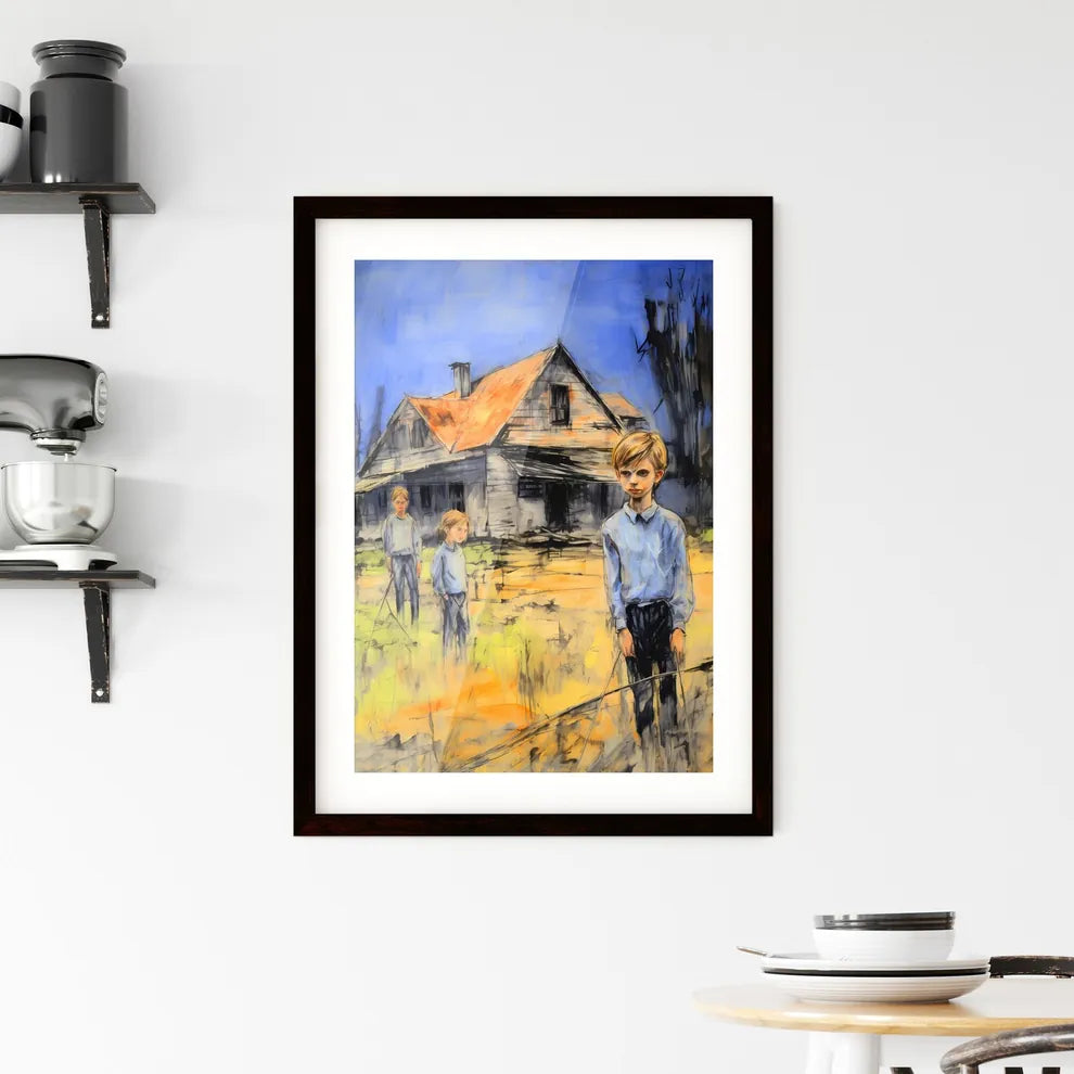 A Poster of In a country side cottage yard - A Painting Of A Group Of Children Standing In Front Of A House Custom Print