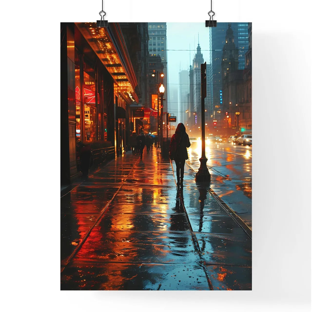 A Poster of shes walking down the sidewalk - A Person Walking On A Wet Sidewalk In A City Poster