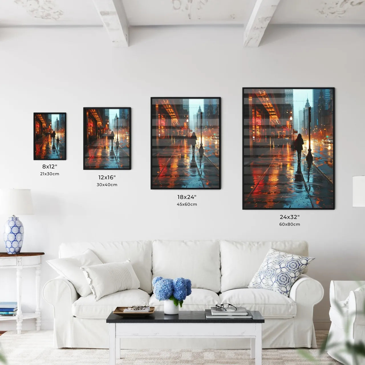 A Poster of shes walking down the sidewalk - A Person Walking On A Wet Sidewalk In A City Size Chart