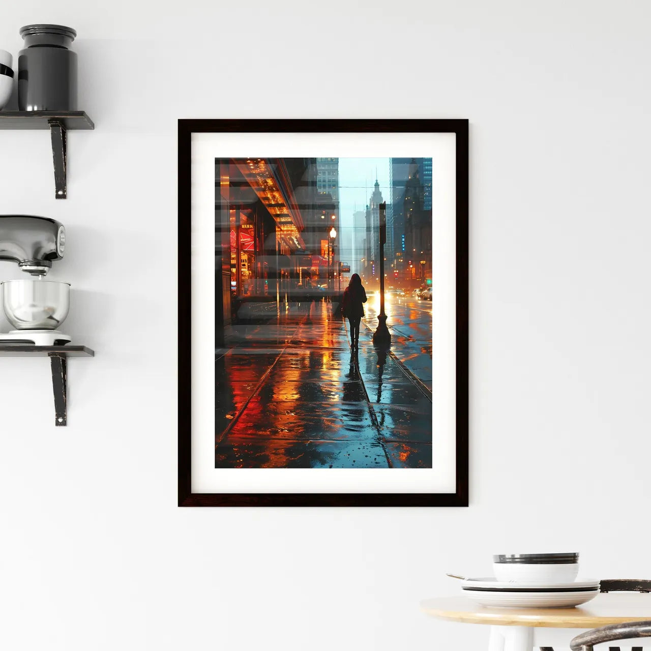 A Poster of shes walking down the sidewalk - A Person Walking On A Wet Sidewalk In A City Custom Print