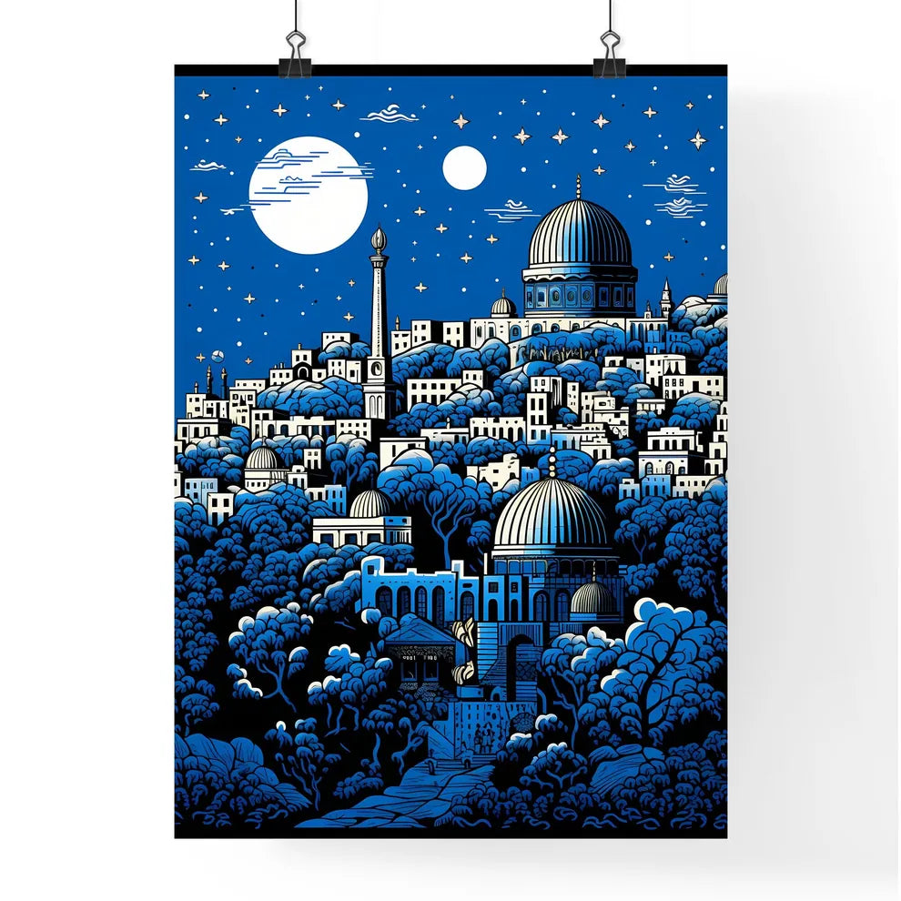 A Poster of outline the city of Jerusalem - A Cityscape With A Dome And Trees Poster