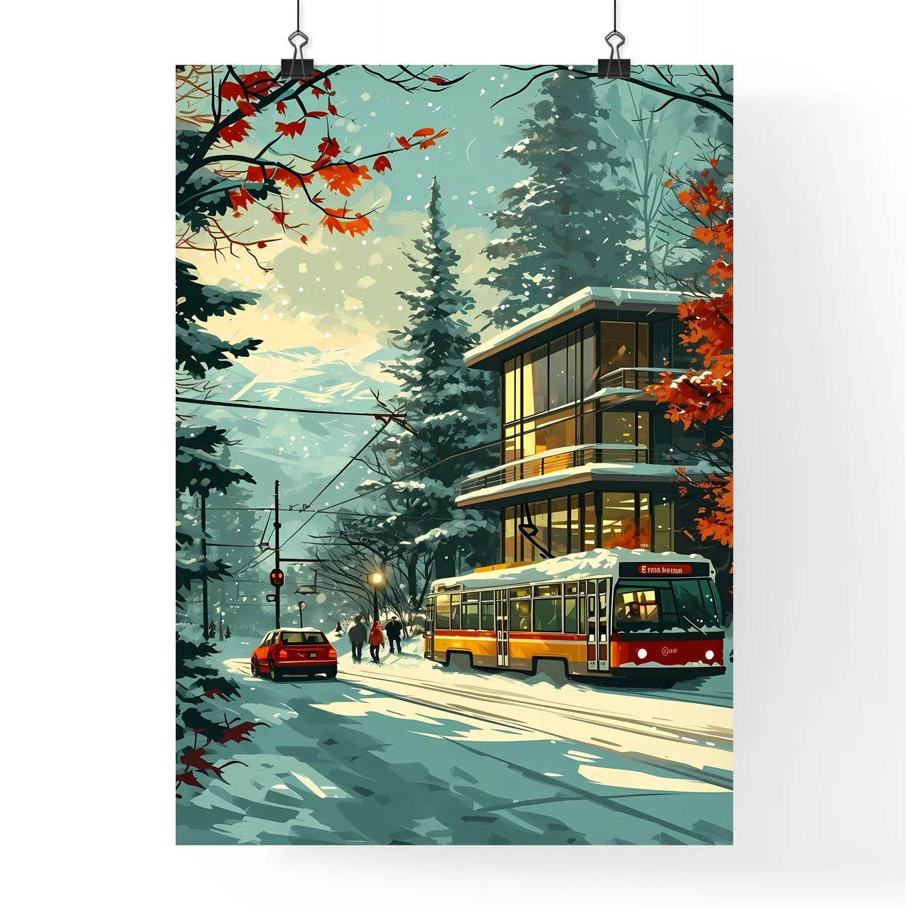 A Poster of two people are skiers in the snow - A Train And Cars On A Snowy Road Poster