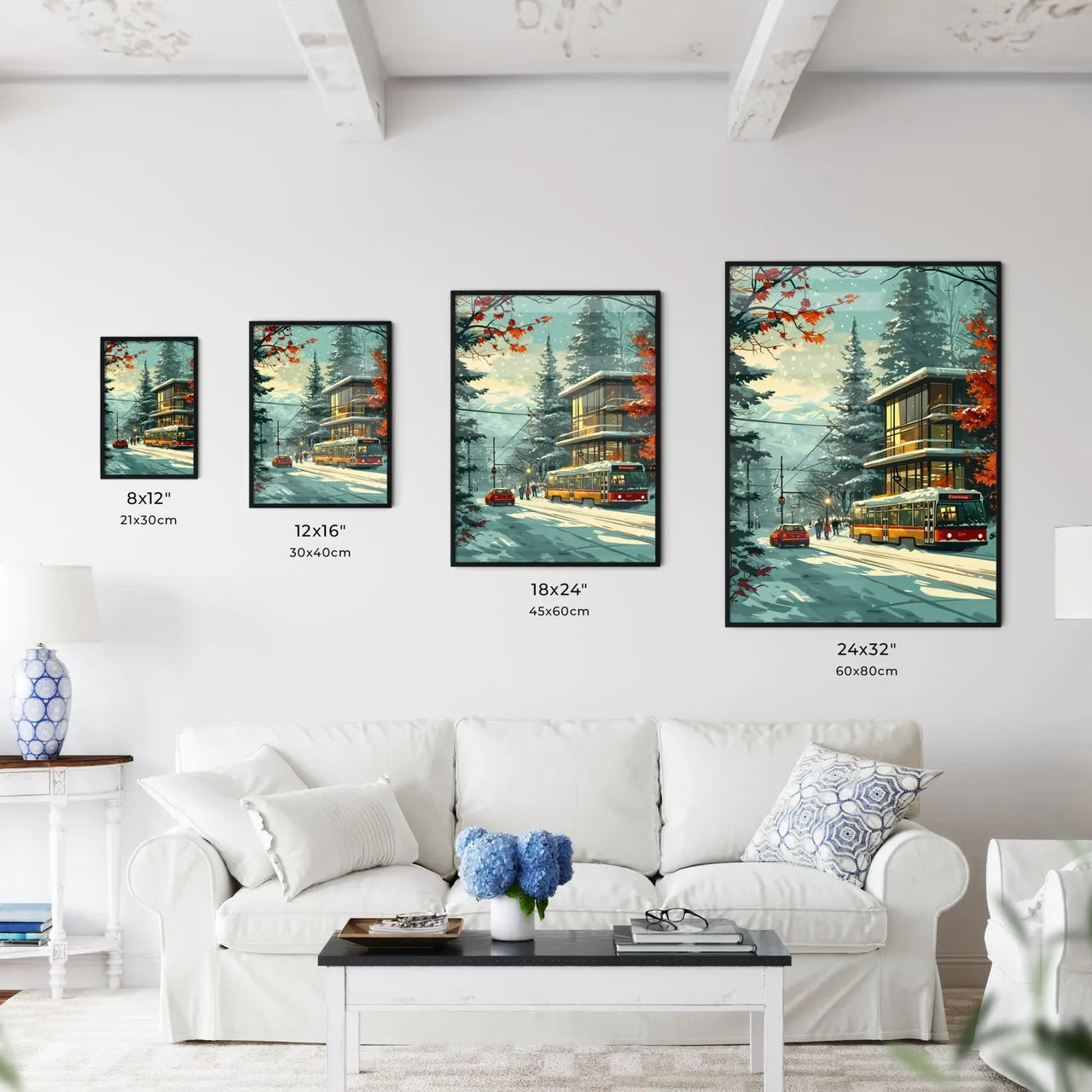 A Poster of two people are skiers in the snow - A Train And Cars On A Snowy Road Size Chart