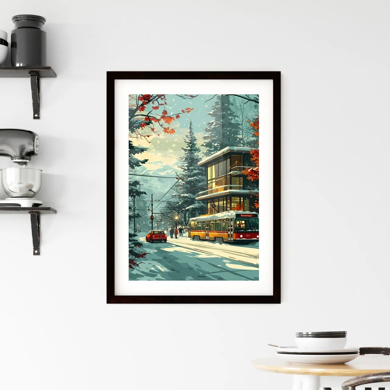 A Poster of two people are skiers in the snow - A Train And Cars On A Snowy Road Custom Print