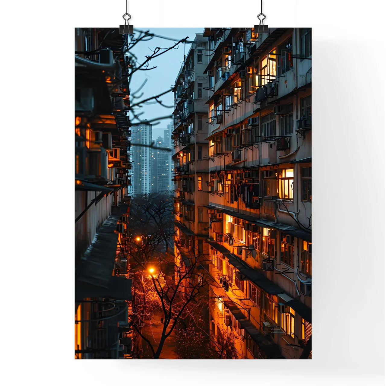 A Poster of a straight facade of a big aparment block building - A Building With Many Windows And Lights Poster