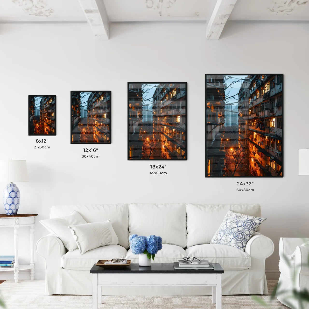 A Poster of a straight facade of a big aparment block building - A Building With Many Windows And Lights Size Chart