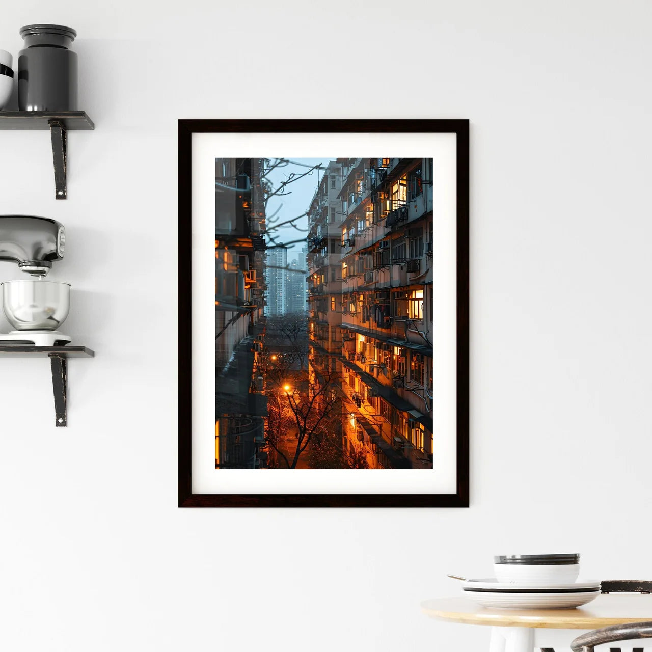 A Poster of a straight facade of a big aparment block building - A Building With Many Windows And Lights Custom Print