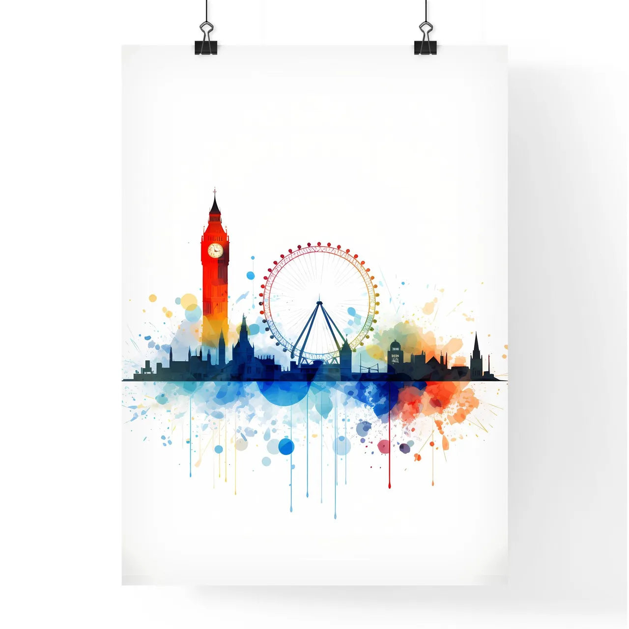 A Poster of minimalist london skyline - A Colorful Skyline With A Clock Tower And A Ferris Wheel Poster