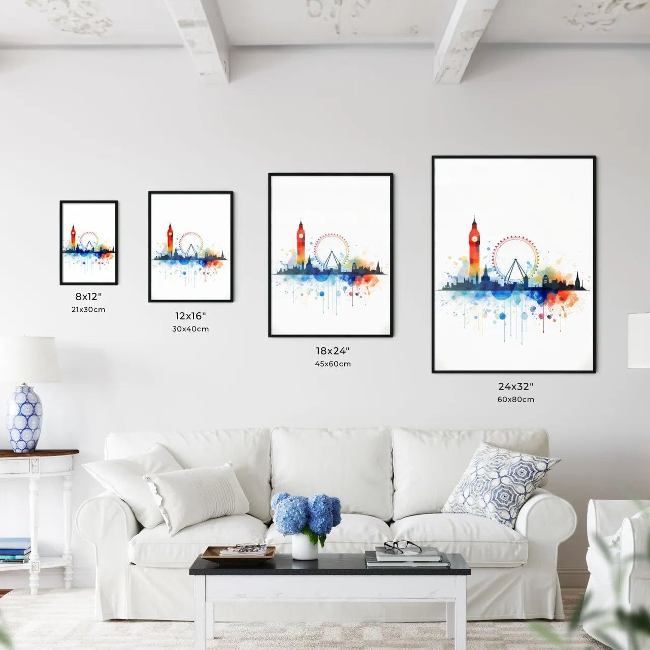 A Poster of minimalist london skyline - A Colorful Skyline With A Clock Tower And A Ferris Wheel Size Chart