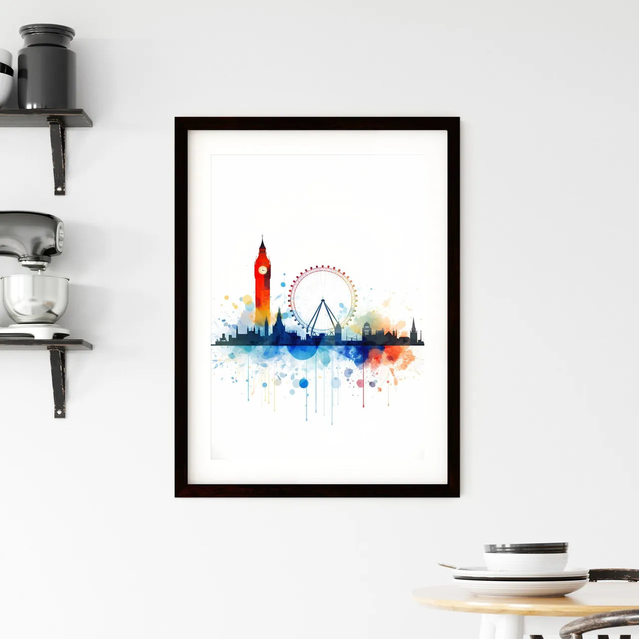 A Poster of minimalist london skyline - A Colorful Skyline With A Clock Tower And A Ferris Wheel Custom Print