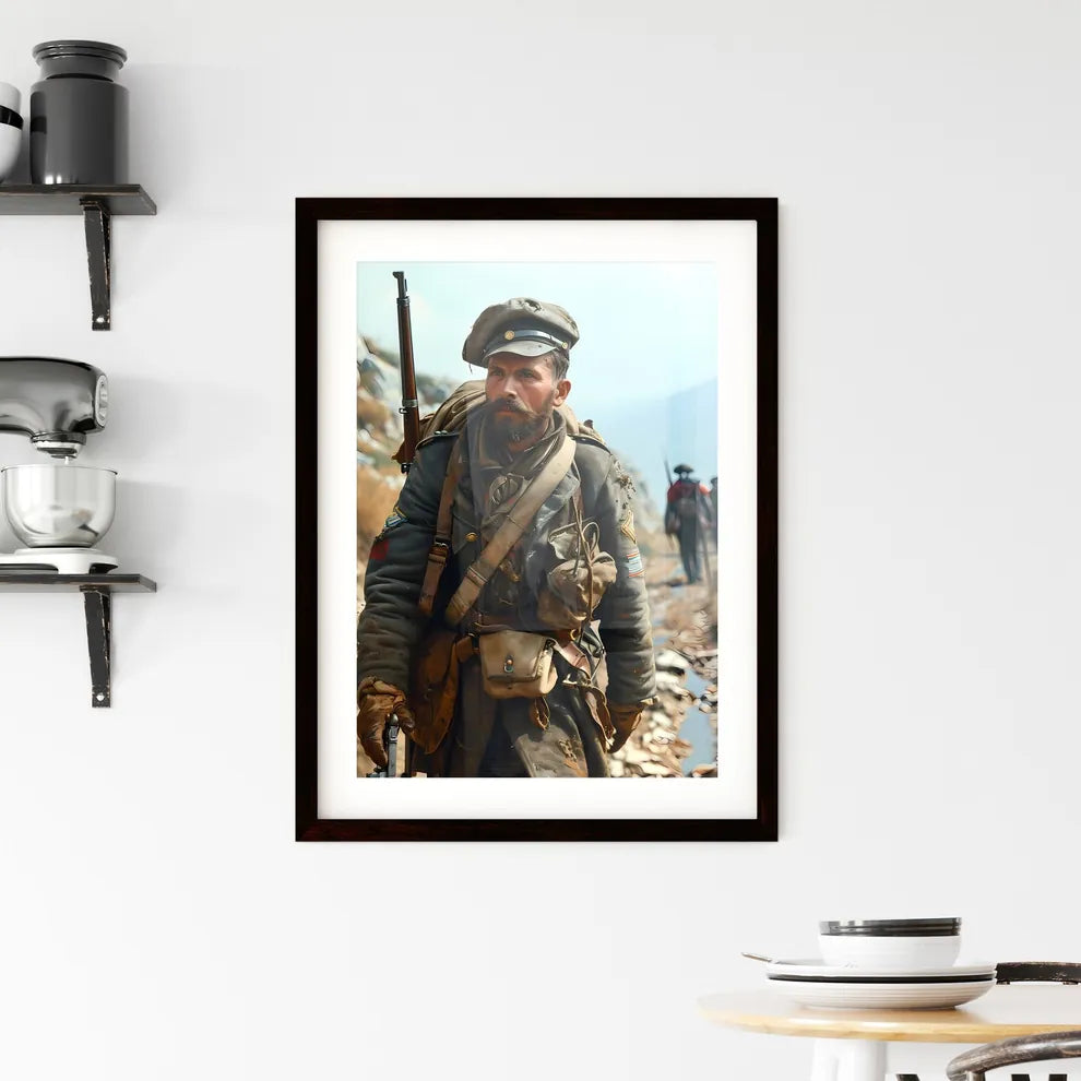 A Poster of soldier carrying rifle - A Man I Framed Print