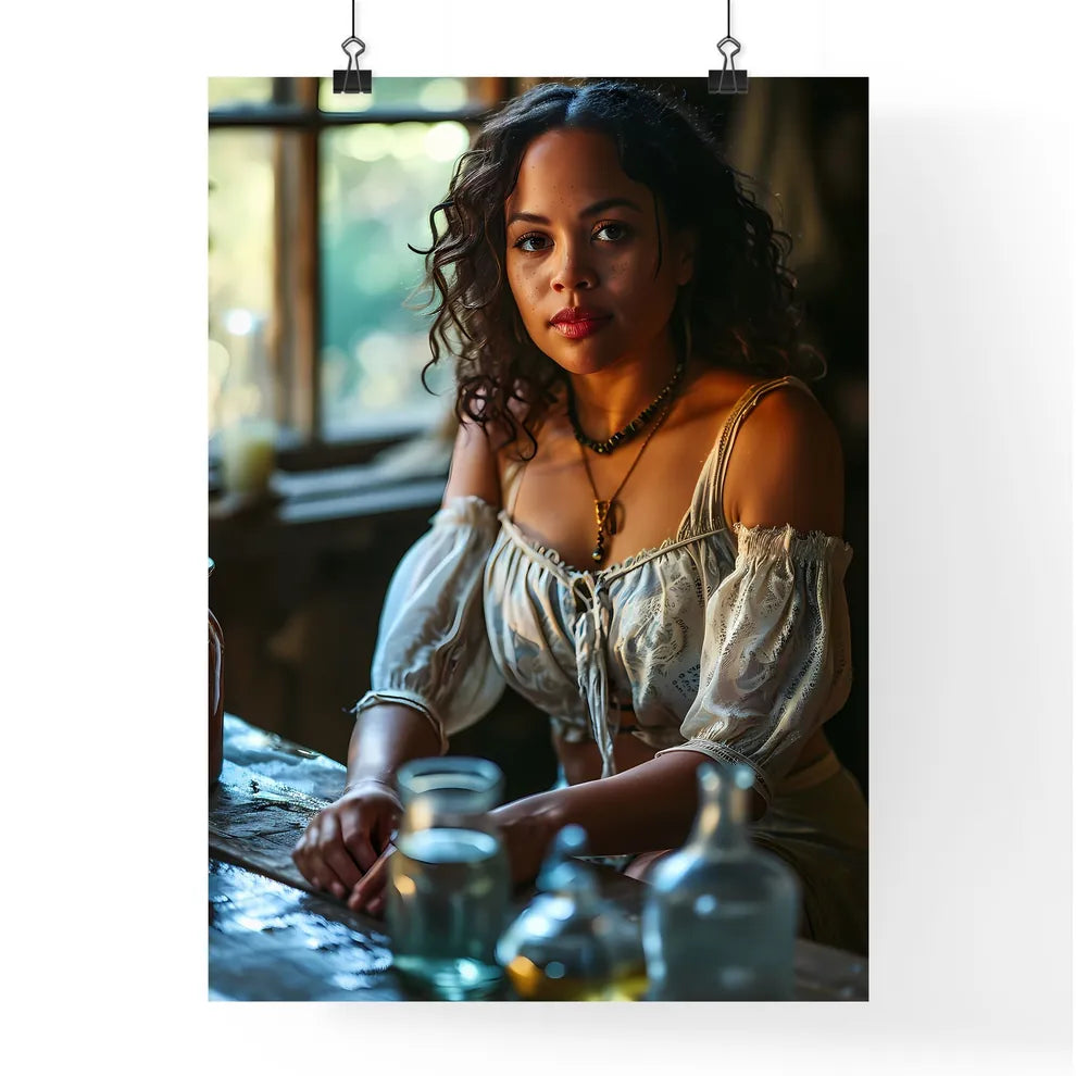 A Poster of a beautiful woman sitting poolside - A Woman Sitting At A Table Default Title