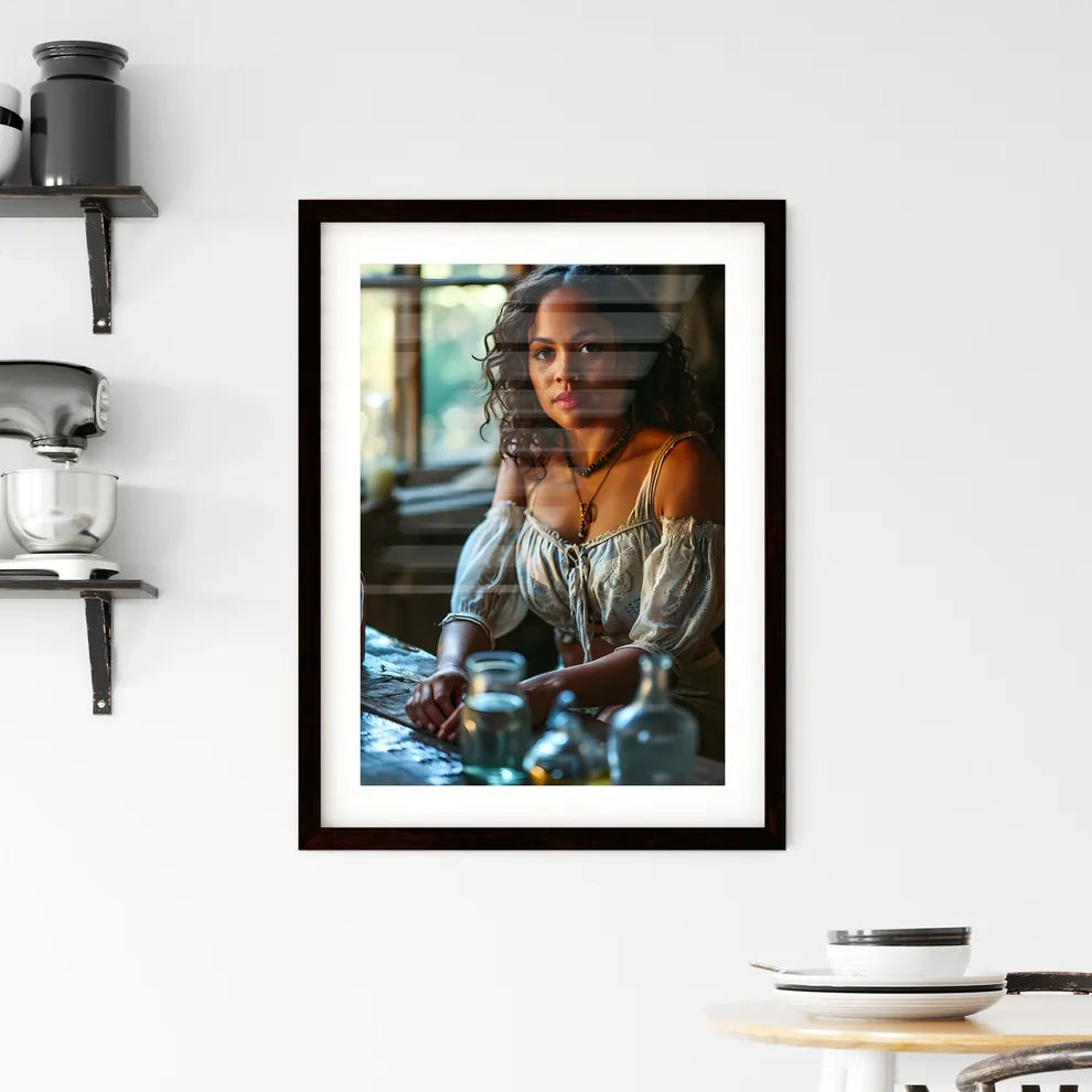 A Poster of a beautiful woman sitting poolside - A Woman Sitting At A Table Default Title