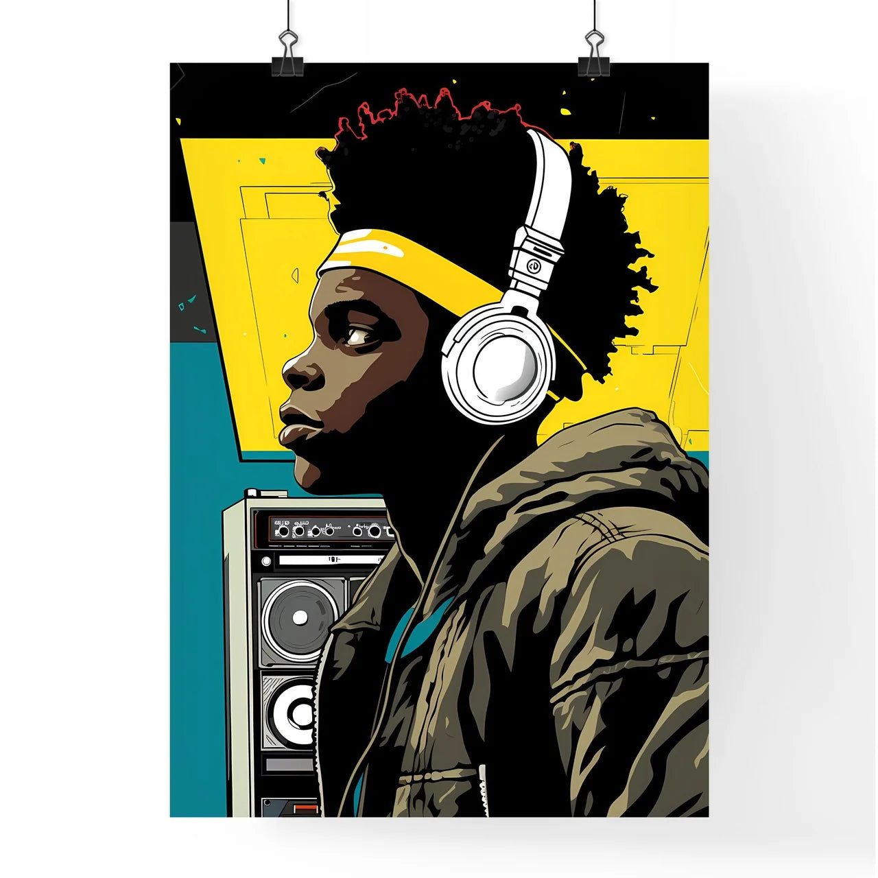 A Poster of a black teenager listening - A M Poster