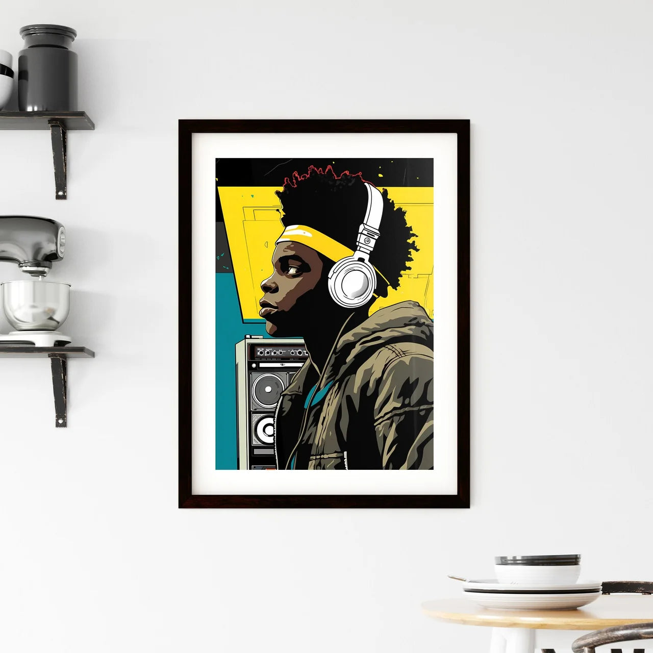 A Poster of a black teenager listening - A M Framed Print