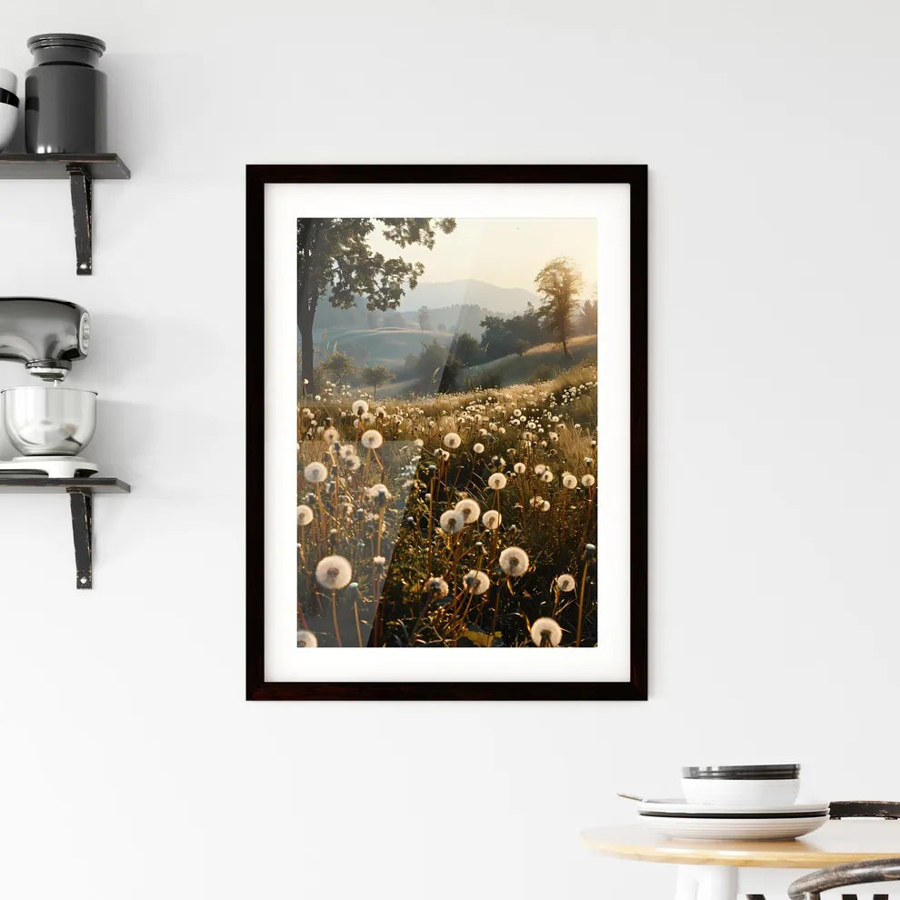 A Poster of a sea of dandelions styled as ac Framed Print
