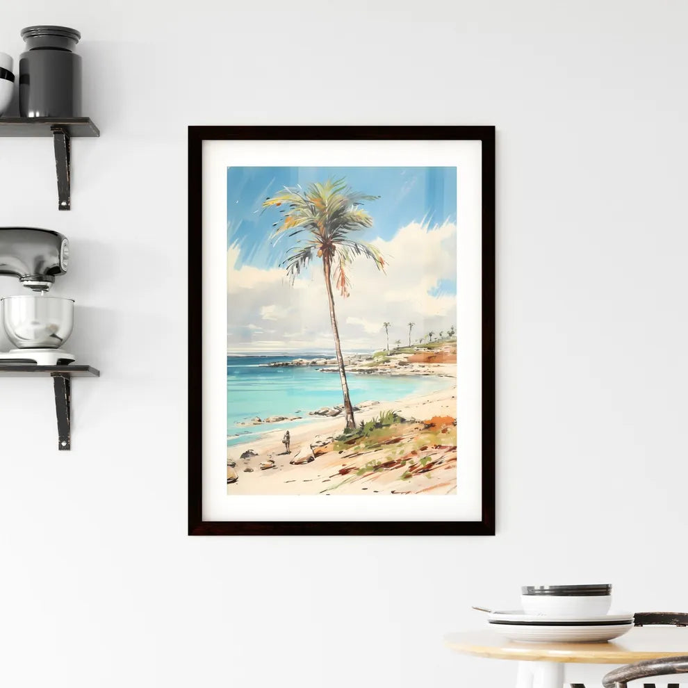 A Poster of desert tropical beach with palm  Framed Print