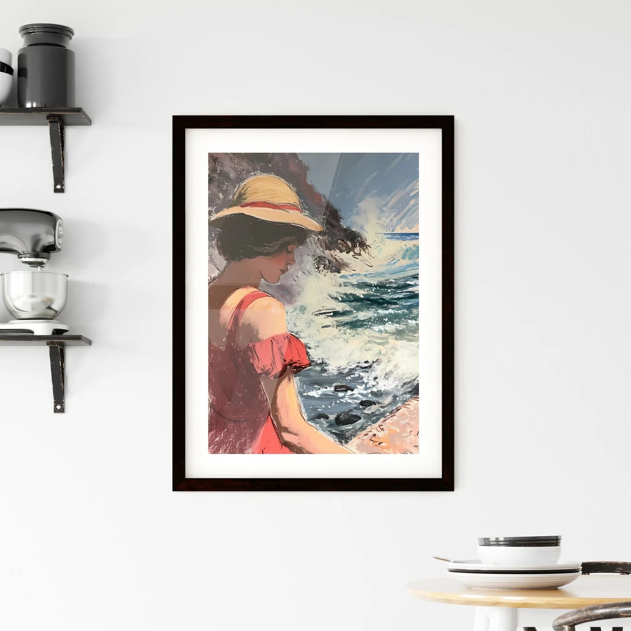 A Poster of pretty lady at the beach - A Wom Framed Print