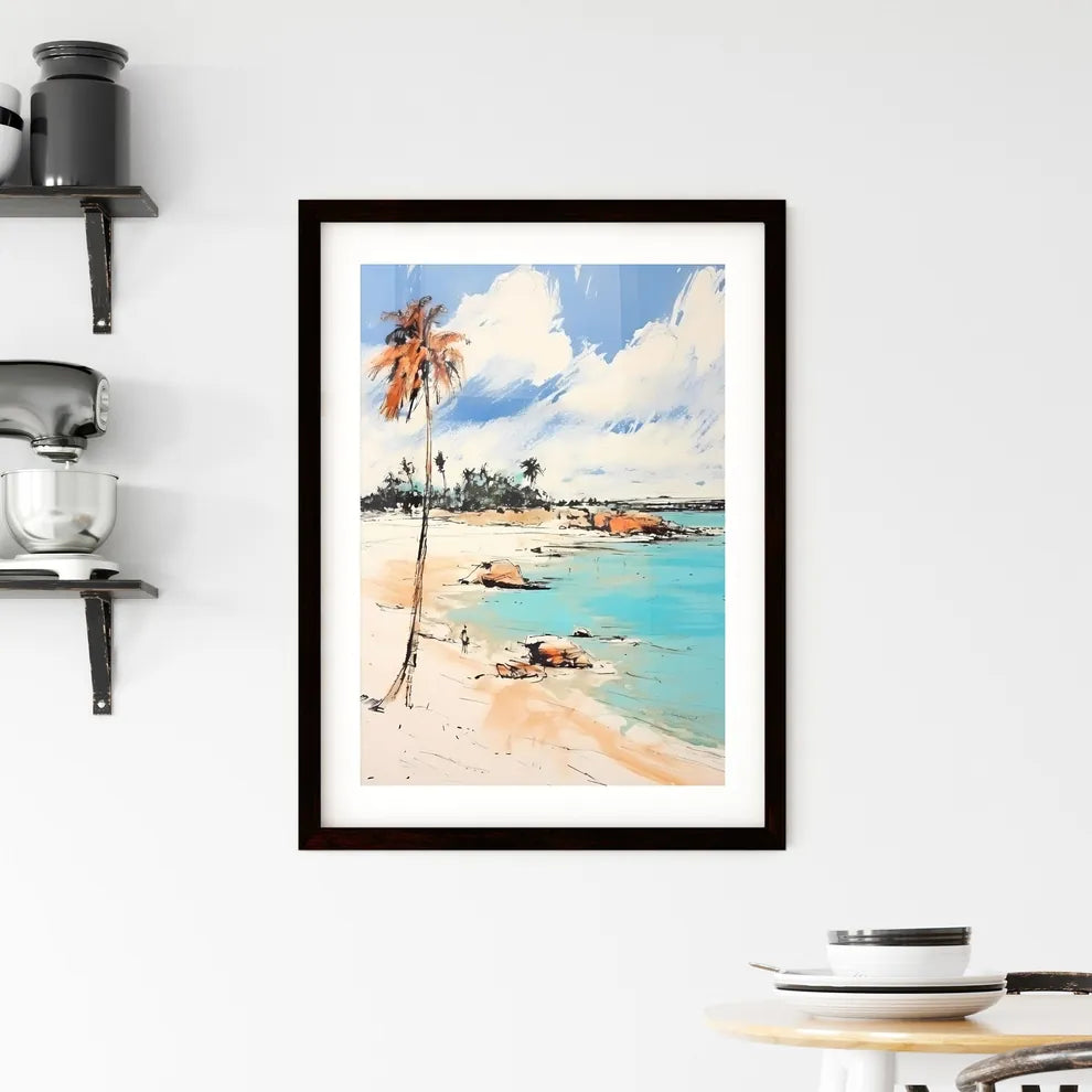 A Poster of desert tropical beach with palm  Framed Print
