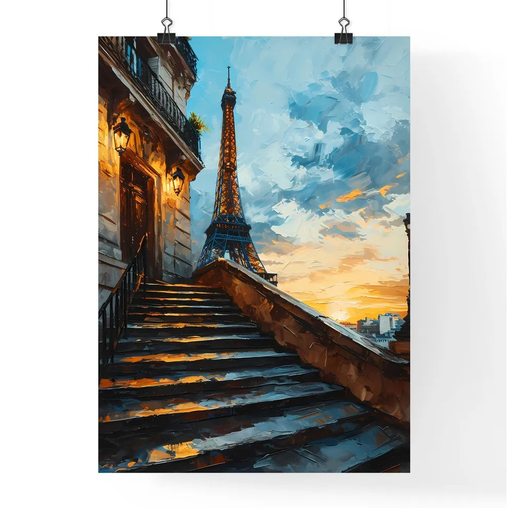 A Poster of Paris Skyline - A Staircase Leading Up To A Tower Poster