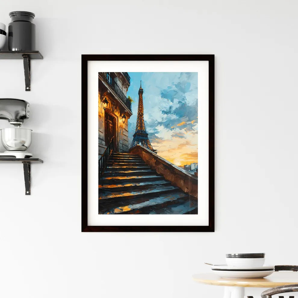 A Poster of Paris Skyline - A Staircase Leading Up To A Tower Custom Print
