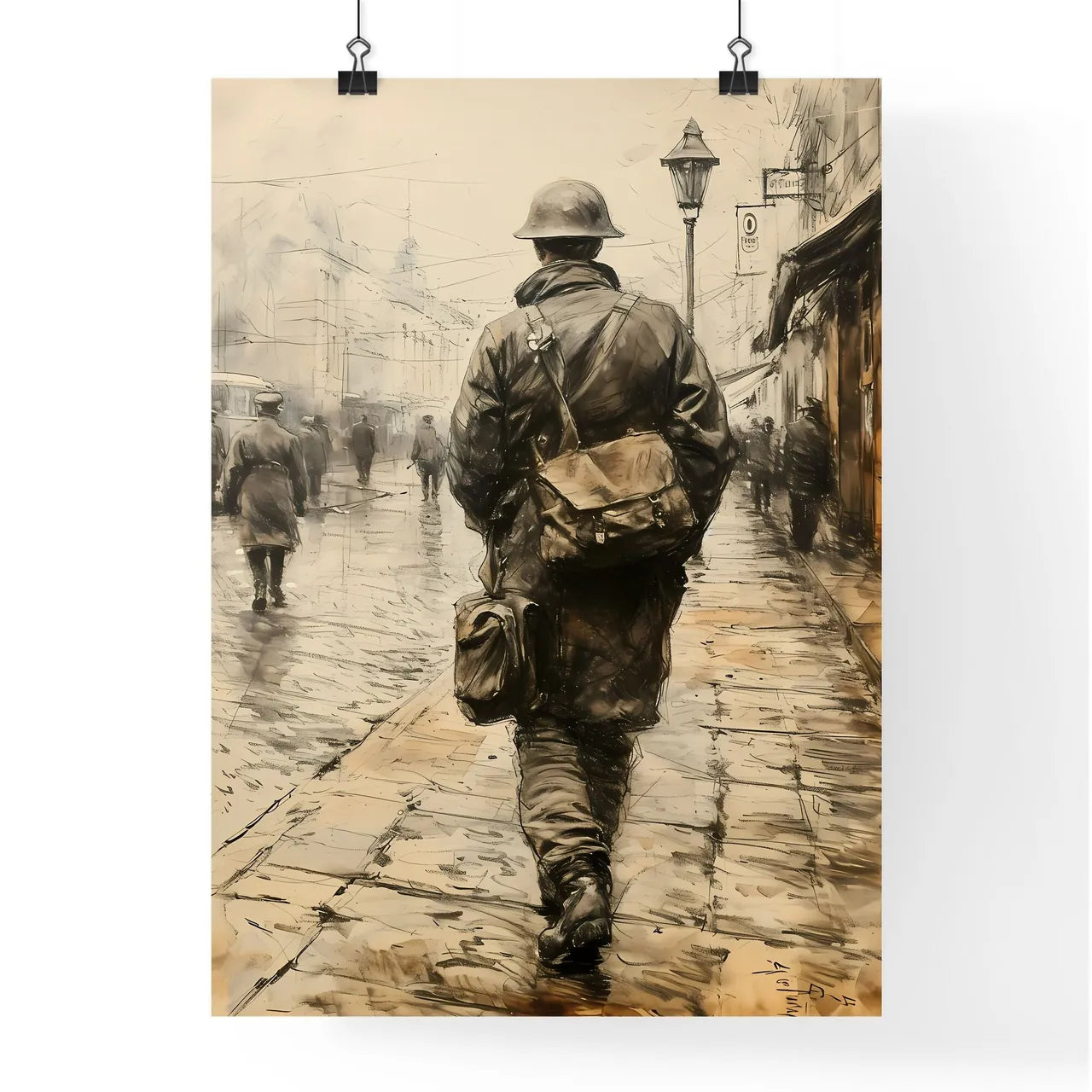 A Poster of soldier carrying rifle - A Man In A Helmet Walking Down A Sidewalk Poster