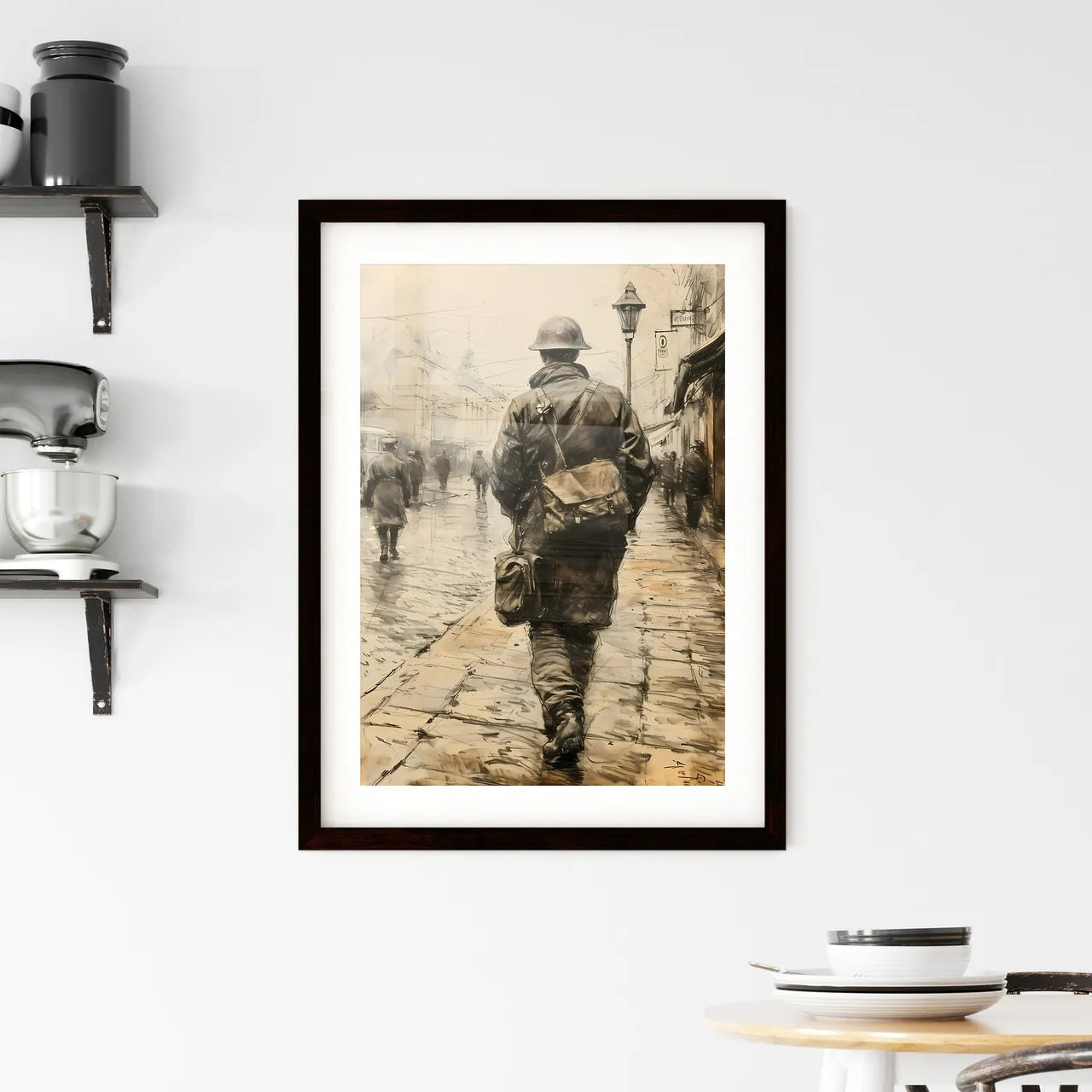A Poster of soldier carrying rifle - A Man In A Helmet Walking Down A Sidewalk Custom Print