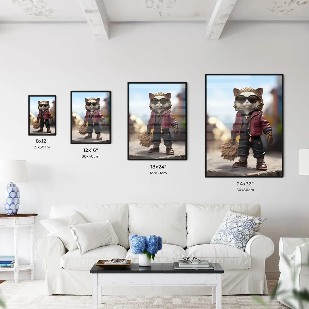 A Poster of A cat wearing sunglasses  Size Chart