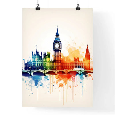 A Poster of minimalist london skyline - A Colorful Painting Of A Building With A Clock Tower