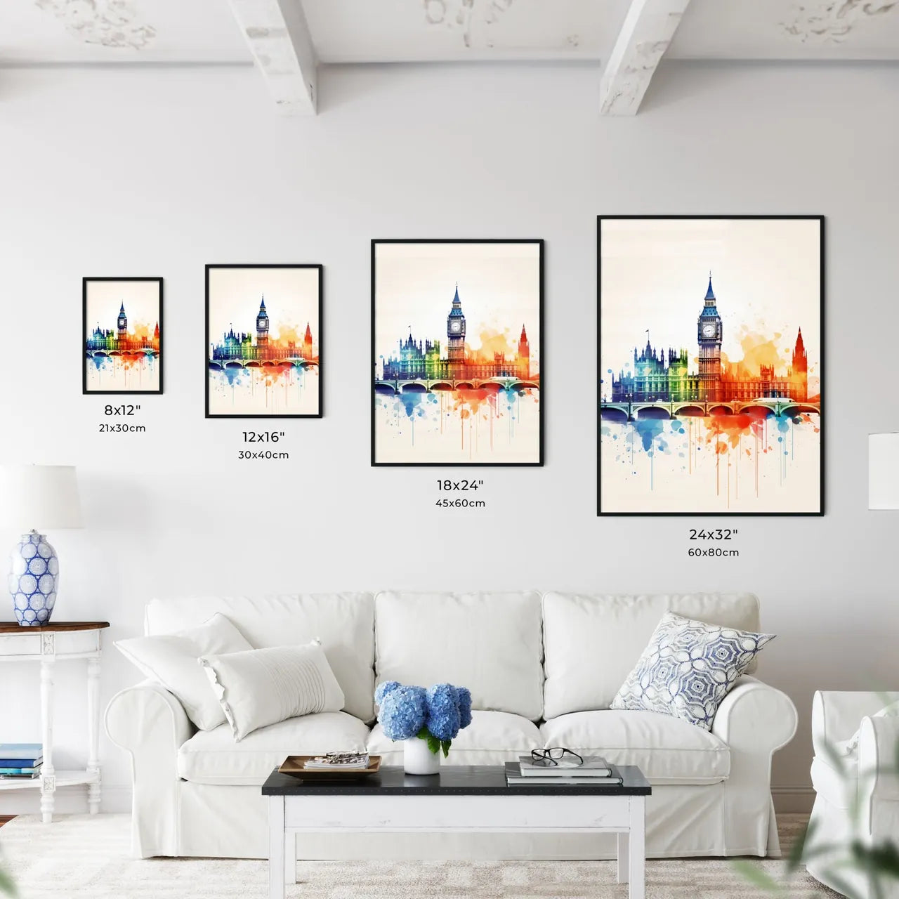 A Poster of minimalist london skyline - A Colorful Painting Of A Building With A Clock Tower Size Chart