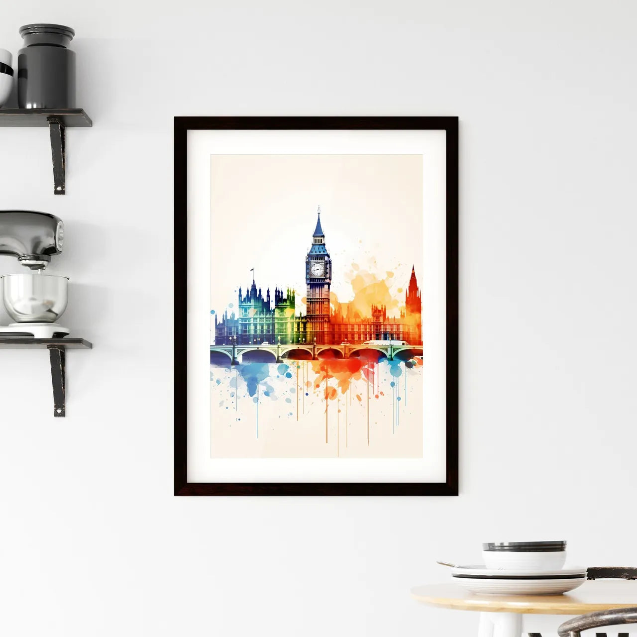 A Poster of minimalist london skyline - A Colorful Painting Of A Building With A Clock Tower Custom Print