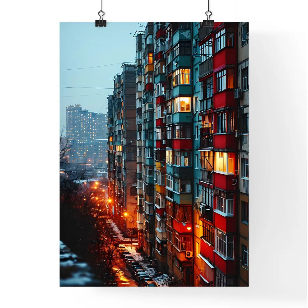 A Poster of a straight facade of a big aparment block building - A Multi-Story Building With Many Windows Poster