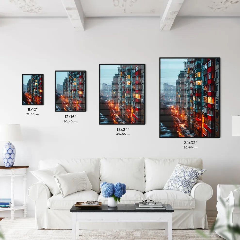 A Poster of a straight facade of a big aparment block building - A Multi-Story Building With Many Windows Size Chart