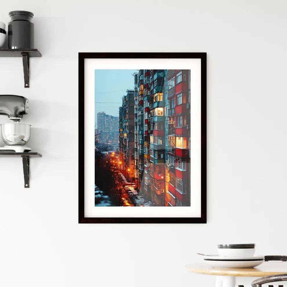 A Poster of a straight facade of a big aparment block building - A Multi-Story Building With Many Windows Custom Print
