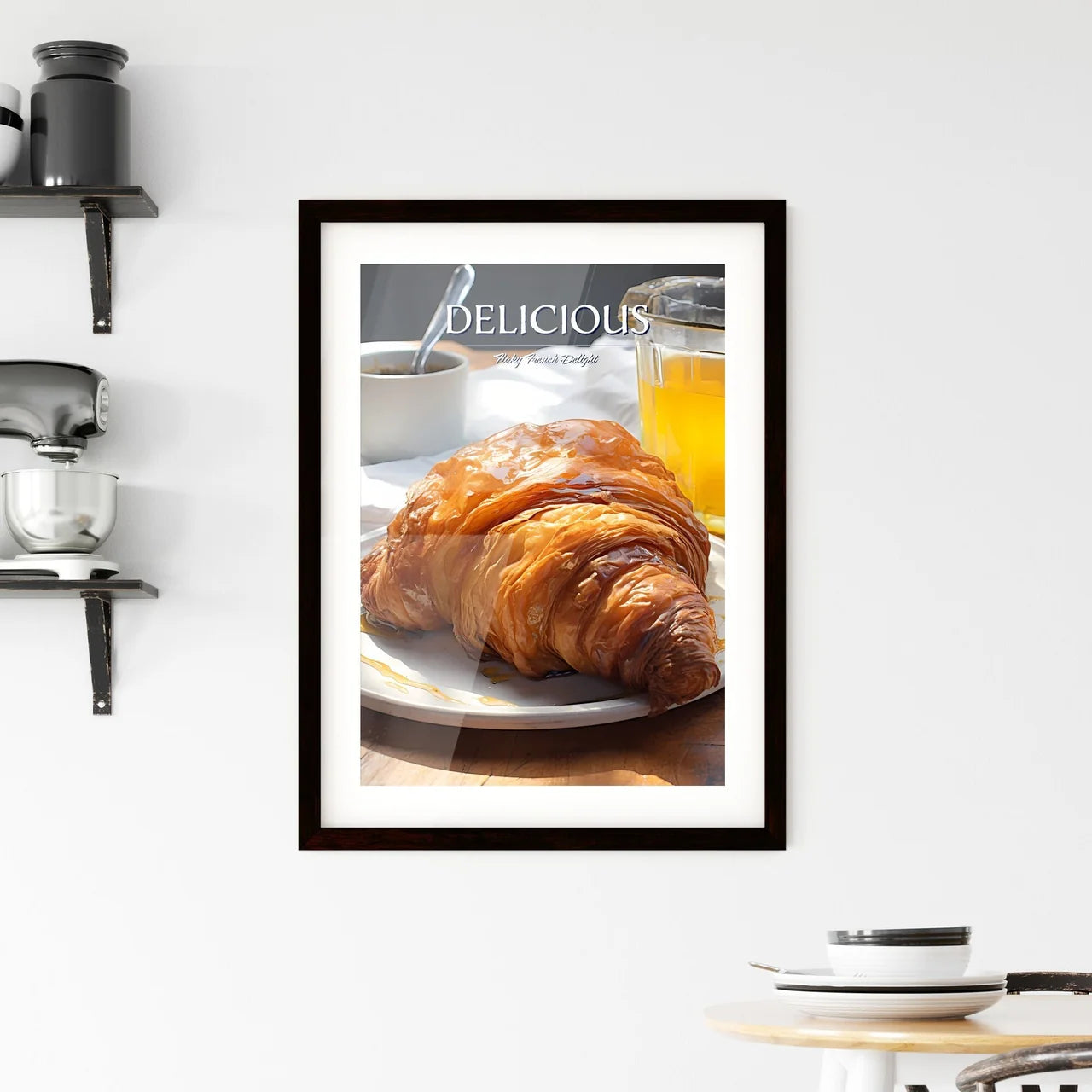 A Poster of Croissant - A Croissant And A Cu Framed Print