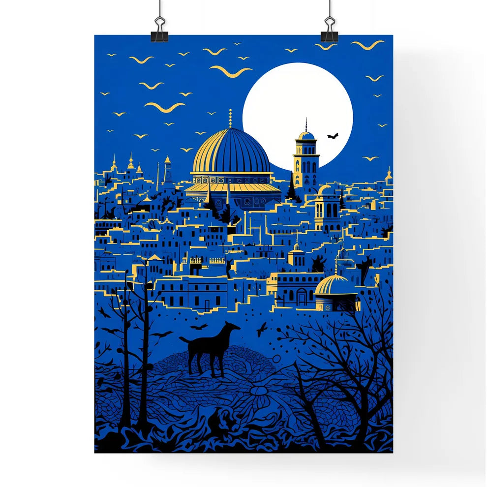 A Poster of outline the city of Jerusalem - A City With A Dome And A Building With Birds And A Moon Poster