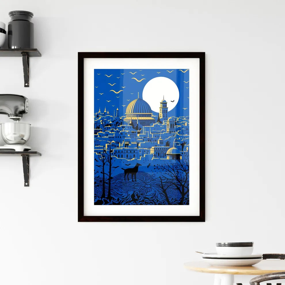 A Poster of outline the city of Jerusalem - A City With A Dome And A Building With Birds And A Moon Custom Print