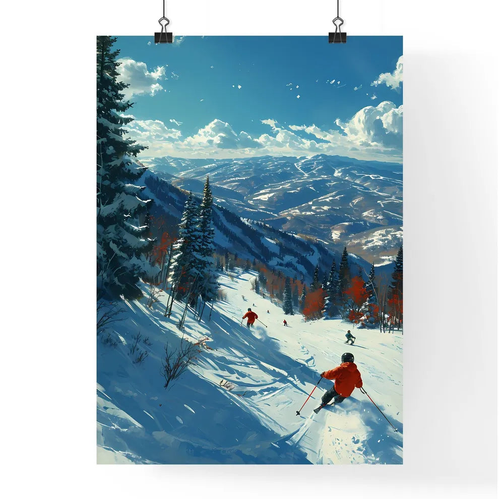 A Poster of two people are skiers in the sno Poster