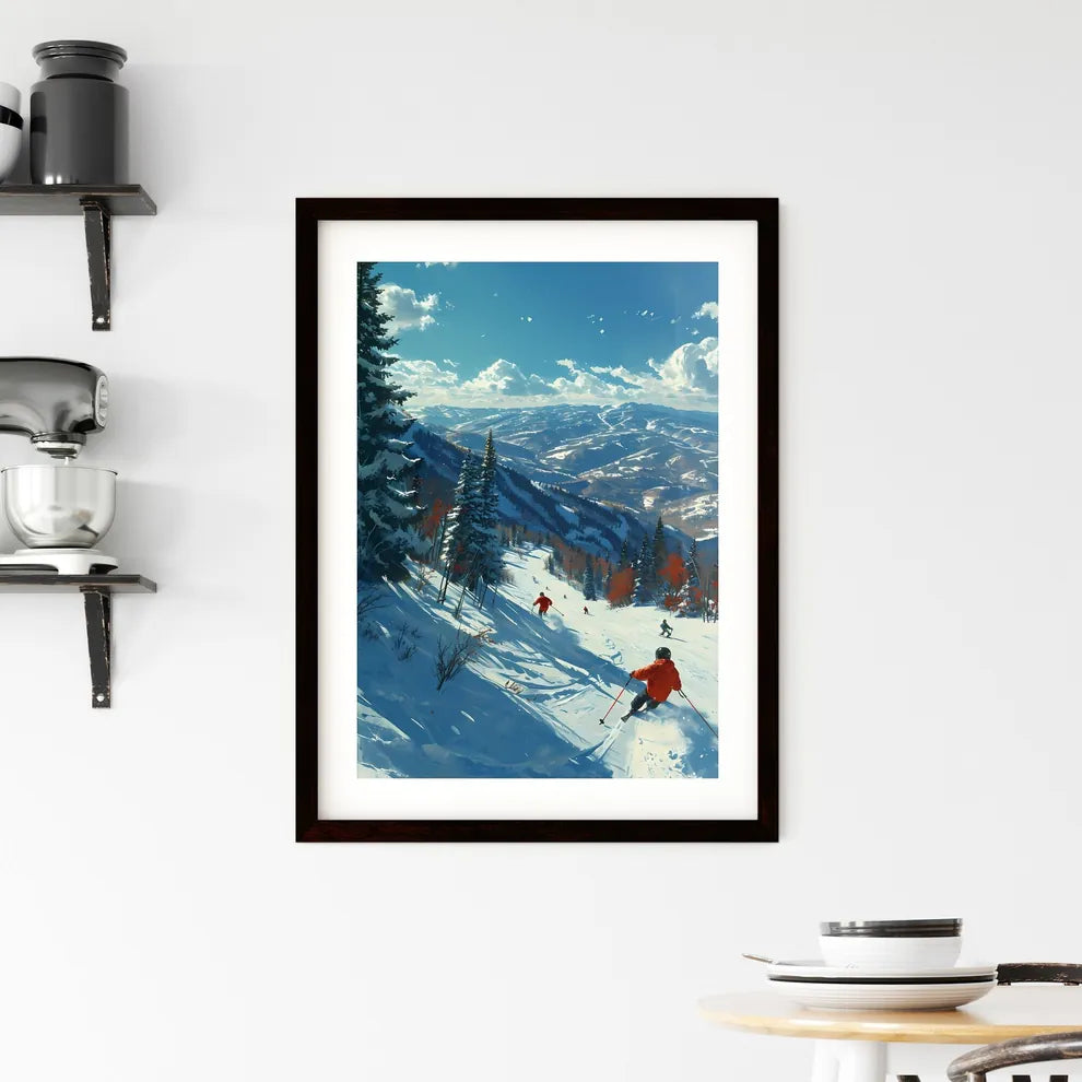 A Poster of two people are skiers in the sno Framed Print